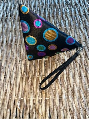 Black Origami Style Wristlet Pouch with Multicolor Embroidered Dots